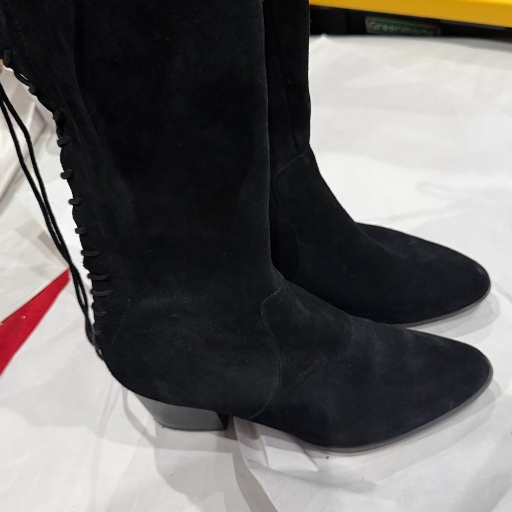 Black Suede Over-the-Knee Heeled Boots - Women's - Picture 3 of 6
